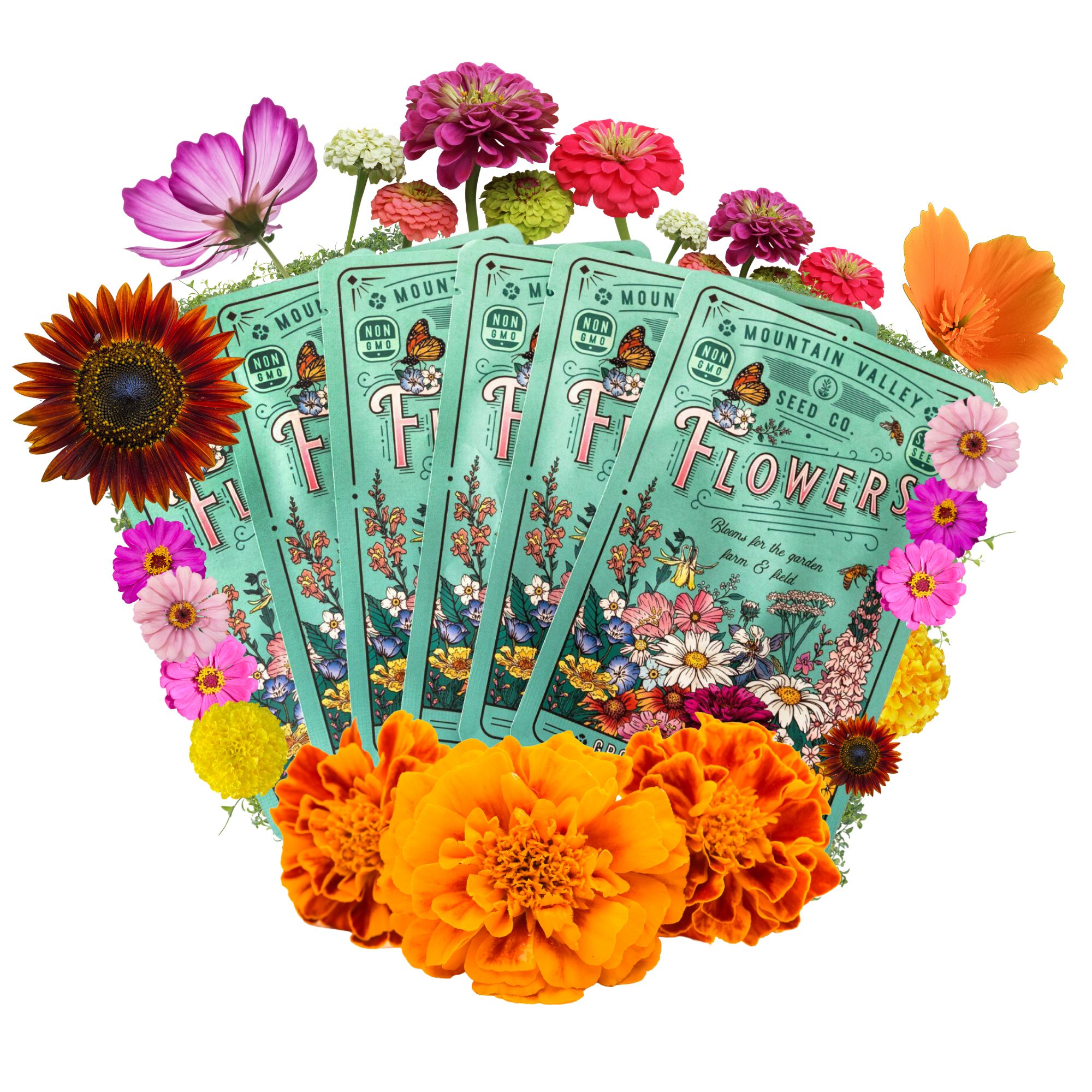 Flower Garden Seed Collection - 6 Varieties of Flower Seeds for Planting, ~2,000 Seeds - Includes Zinnia, Marigold, Poppy, Cosmo
